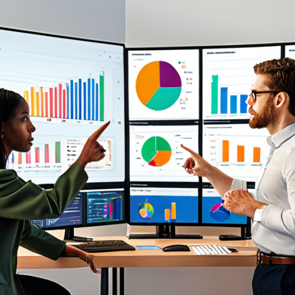 **

A team of diverse professionals gathered around a large screen displaying colorful data visualizations (charts, graphs). Some team members are pointing at the screen, engaged in discussion. The atmosphere is collaborative and focused. The style is modern and professional, perhaps a co-working space or a brightly lit office. Emphasis on clean data being represented.

**