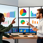 **

A team of diverse professionals gathered around a large screen displaying colorful data visualizations (charts, graphs). Some team members are pointing at the screen, engaged in discussion. The atmosphere is collaborative and focused. The style is modern and professional, perhaps a co-working space or a brightly lit office. Emphasis on clean data being represented.

**