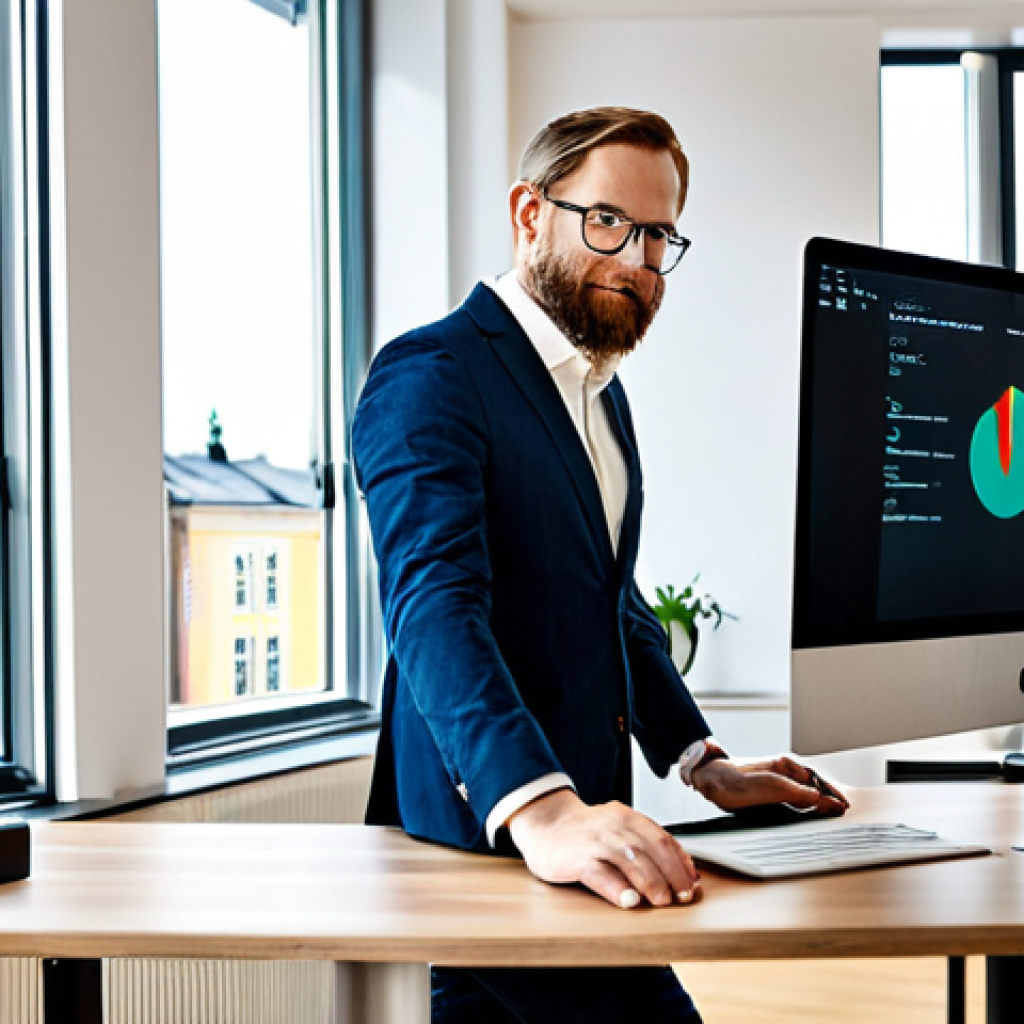 **

"A professional data scientist, fully clothed in business-casual attire, working at a modern standing desk in a bright, open-plan office in Stockholm, Sweden. Displaying a clean data dashboard on a large monitor. Safe for work, perfect anatomy, correct proportions, professional photography, high quality, natural pose, well-formed hands, proper finger count, natural body proportions, appropriate content, professional, modest."

**