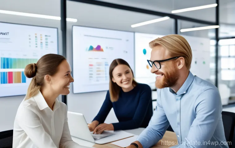 데이터 품질 관리의 글로벌 트렌드 - **Prompt:** A diverse group of business professionals in a modern, slightly disheveled Swedish offic...