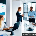 Home 20 데이터 품질 관리의 ROI 측정 - A modern Scandinavian office environment with diverse professionals collaborating around a large dig...