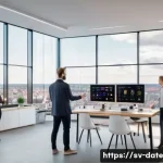 Home 19 클라우드 기반 데이터 품질 관리 시스템 - A modern Scandinavian office environment with diverse professionals collaborating around a large dig...