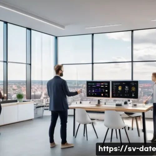 Home 31 클라우드 기반 데이터 품질 관리 시스템 - A modern Scandinavian office environment with diverse professionals collaborating around a large dig...