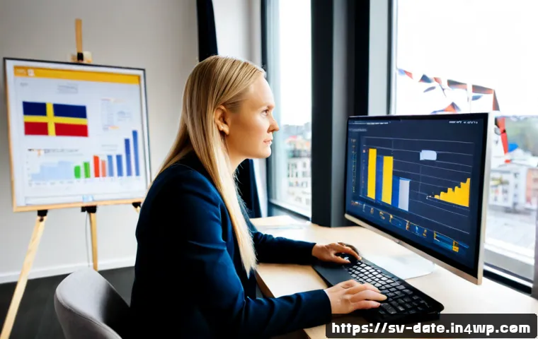 Home 17 데이터 품질 관리의 성과 분석 도구 - Photorealistic modern Stockholm office, Scandinavian data analyst reviewing data quality performance...